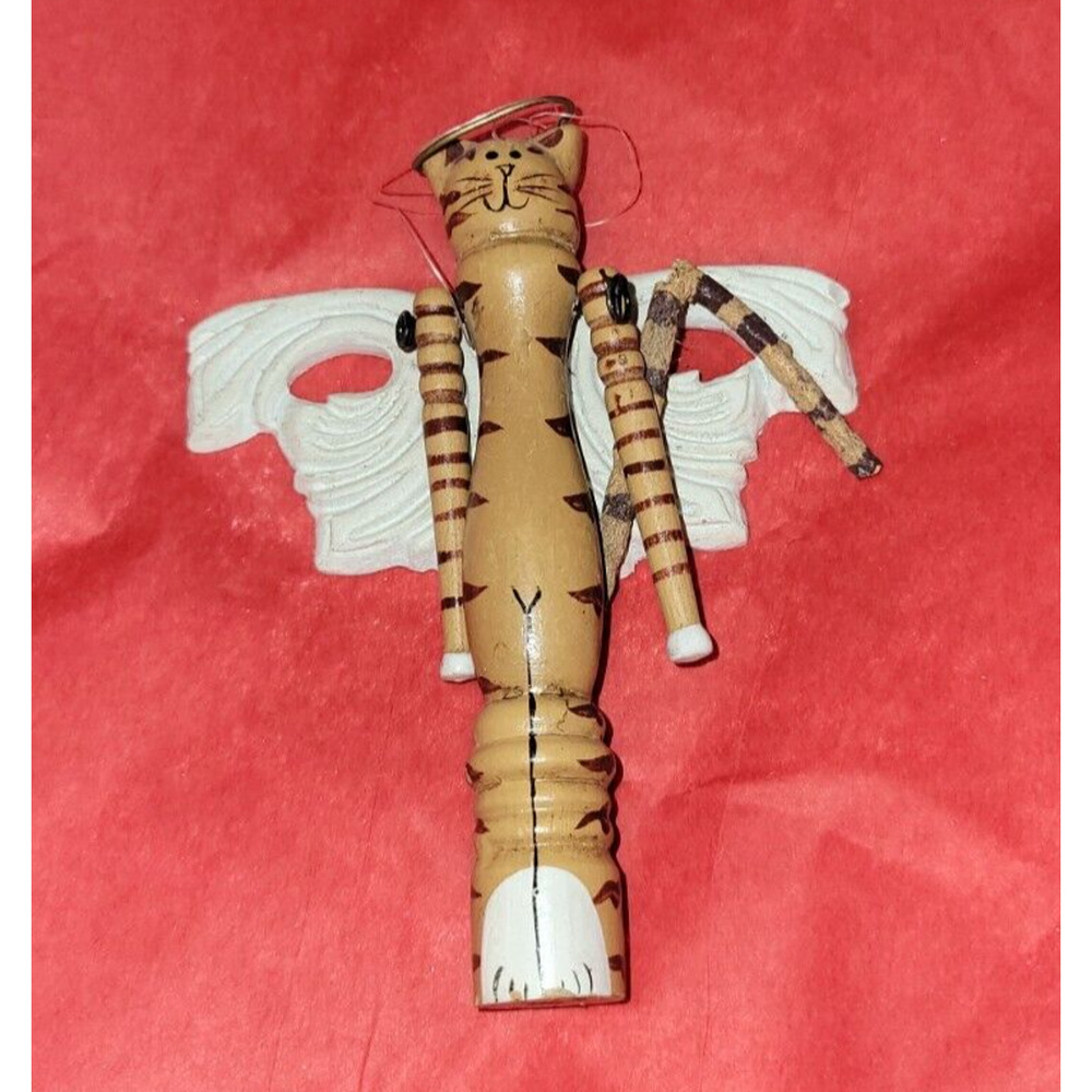 Vintage Folk Art Angel Wooden Jointed Arms Cat Hand Painted Christmas Ornament